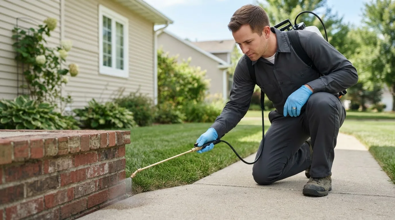 Pest control technician treating a home near Assonet, MA