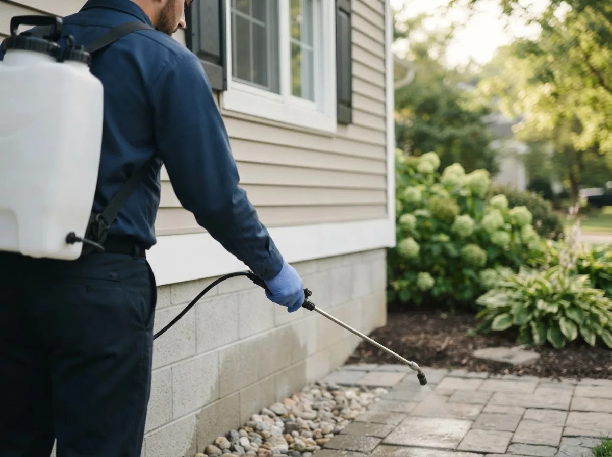 Pest control technician inspecting a home in Assonet, MA